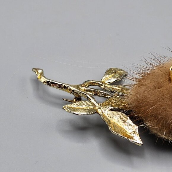 Rose Brooch Mink Fur Gold Tone Flower Long Stem Clear Rose Pin Unmarked Vtg - Picture 5 of 13